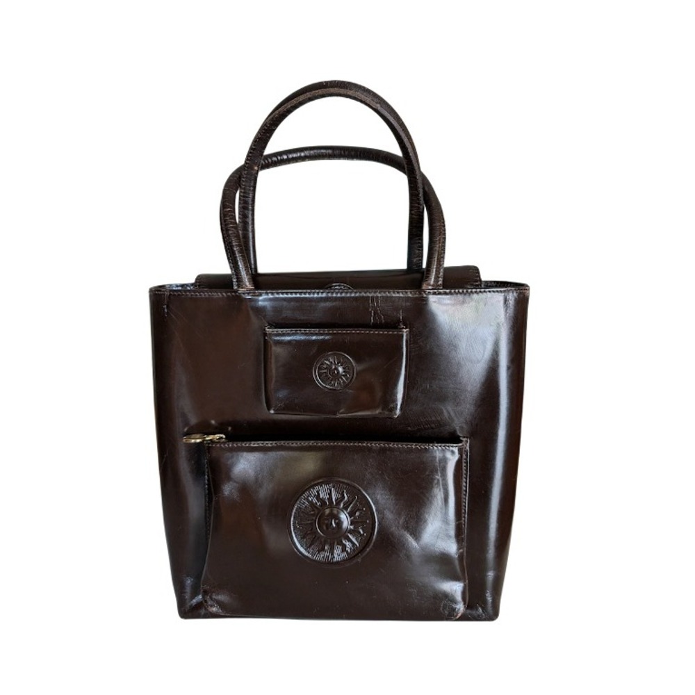 Gianni Versace Vintage Dark Brown Patent Leather Sun Logo Tote Bag Handbag